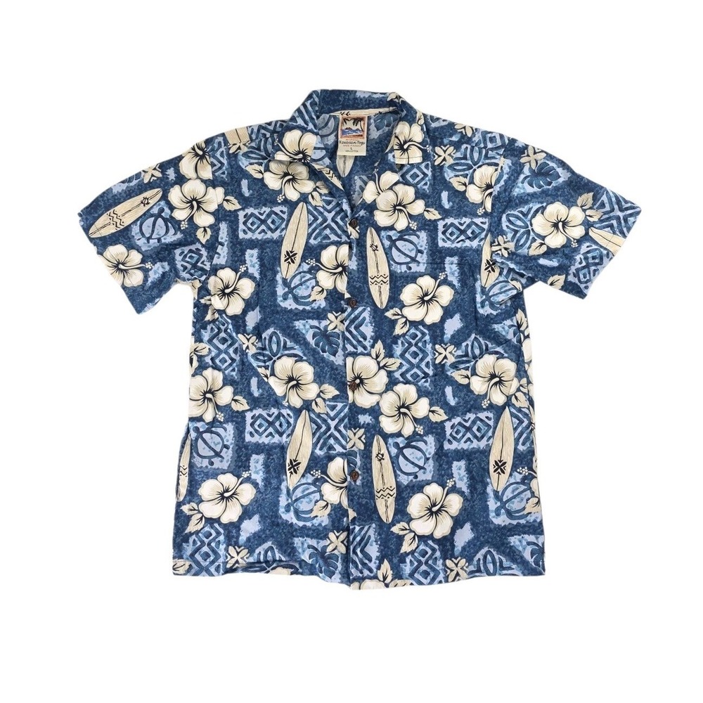 Vtg Hawaiian Togs Shirt Womens L Mens S Blue Hibiscus Surfboard Turtle Aloha USA